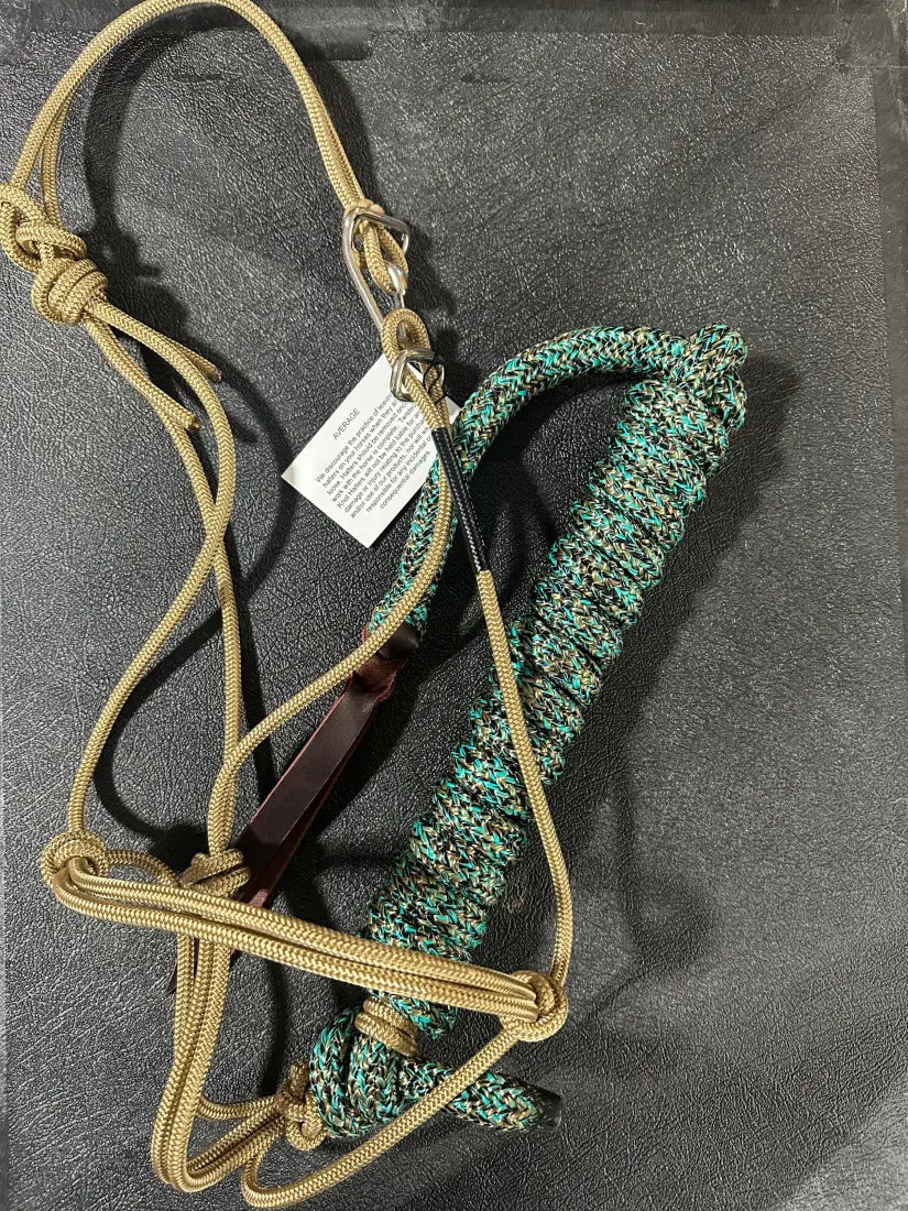 Twisted Knot Halters Rope Halter w/ Easy Off Clip & Lead Gold with Black/Gold/Turq Blend Lead Halter