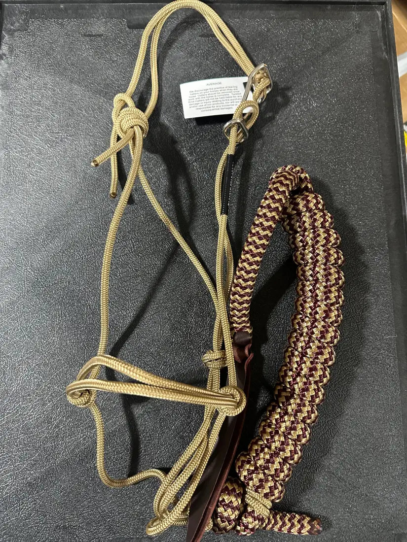 Twisted Knot Halters Rope Halter w/ Easy Off Clip & Lead Gold with Gold/Burgundy ZZ Lead Halter