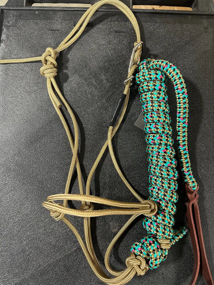 Twisted Knot Halters Rope Halter w/ Easy Off Clip & Lead Gold with Turq/Gold/Pink/Black Jester Lead Halter