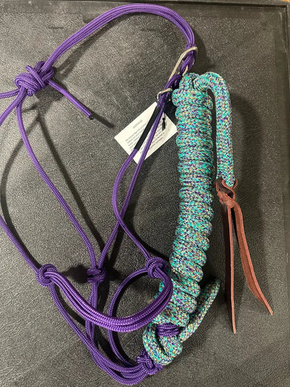 Twisted Knot Halters Rope Halter w/ Easy Off Clip & Lead Purple with Gold/Purple/Turq Blend Lead Halter
