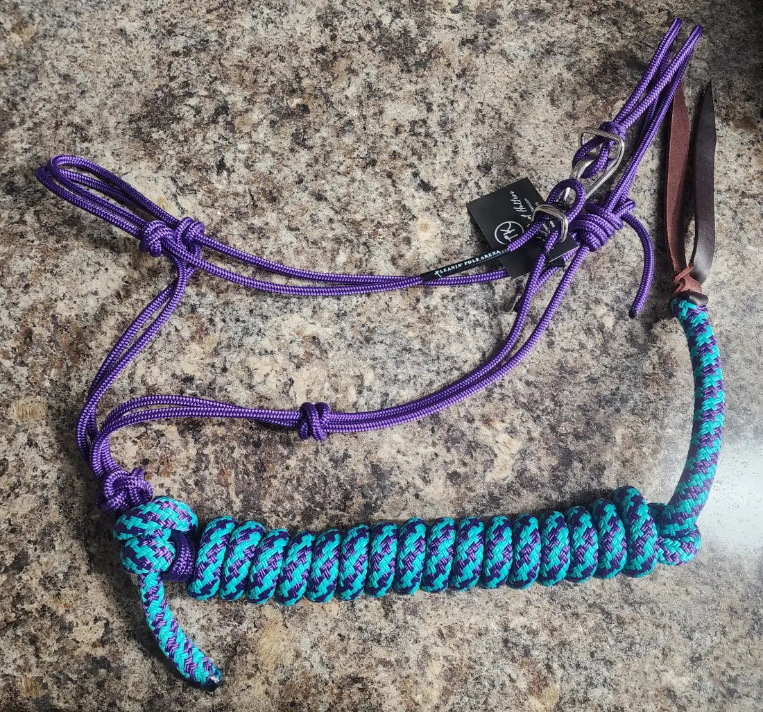 Twisted Knot Halters Rope Halter w/ Easy Off Clip & Lead Purple with Purple/Turq CH Lead Halter