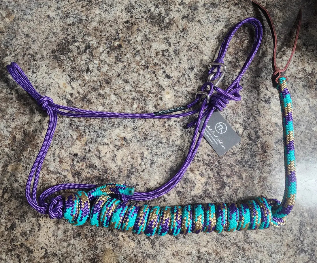 Twisted Knot Halters Rope Halter w/ Easy Off Clip & Lead Purple with Purple/Turq/Gold CH Lead Halter