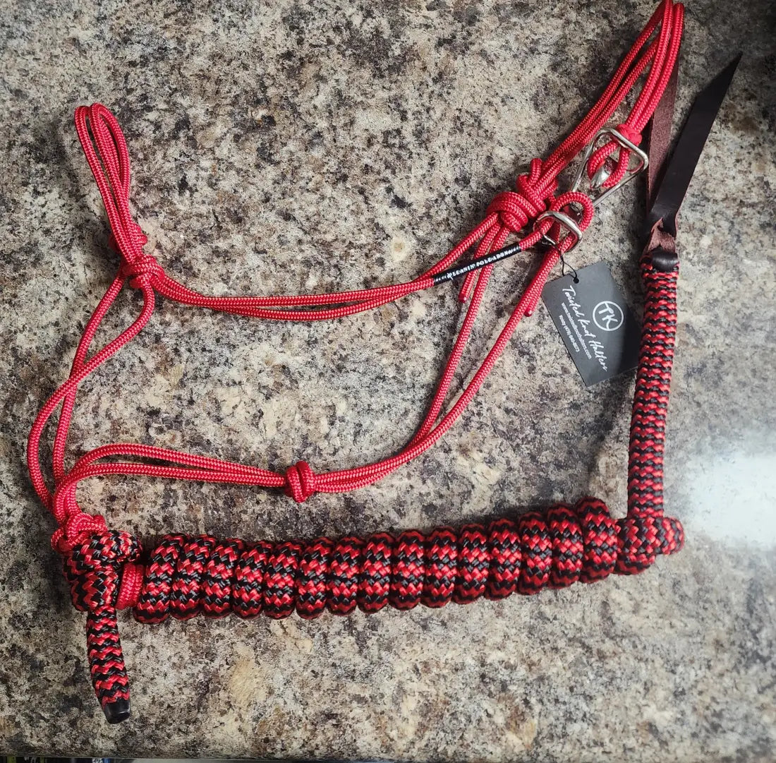 Twisted Knot Halters Rope Halter w/ Easy Off Clip & Lead Red with Red/Black ZZ Lead Halter