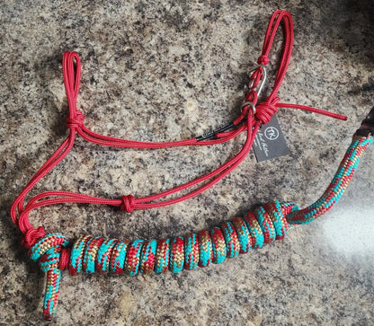 Twisted Knot Halters Rope Halter w/ Easy Off Clip & Lead Red with Red/Gold/Turq CH Lead Halter