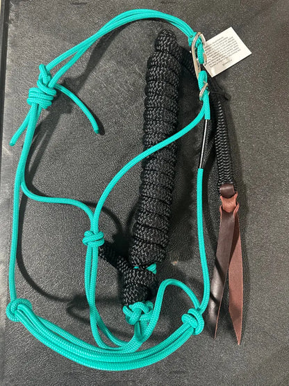 Twisted Knot Halters Rope Halter w/ Easy Off Clip & Lead Turquoise with Black Lead Halter