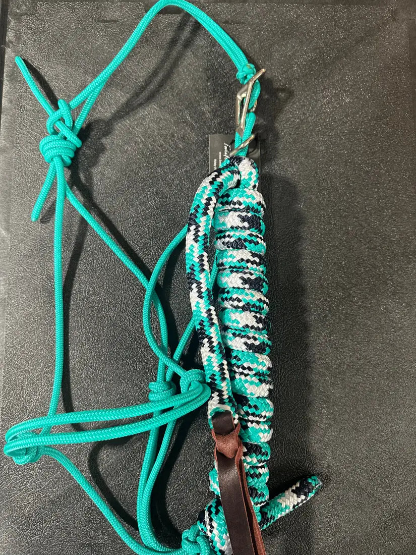 Twisted Knot Halters Rope Halter w/ Easy Off Clip & Lead Turquoise with Navy/Turq/White CH Lead Halter