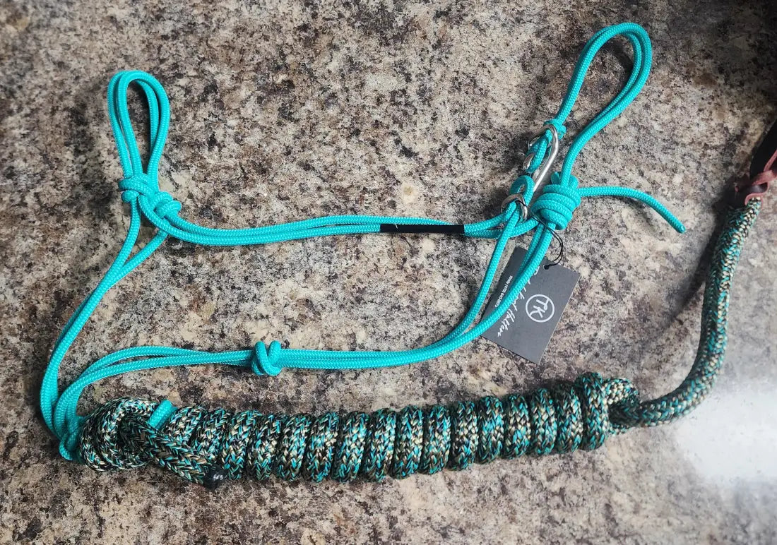 Twisted Knot Halters Rope Halter w/ Easy Off Clip & Lead Turquoise with Turq/Black/Gold Blend Lead Halter