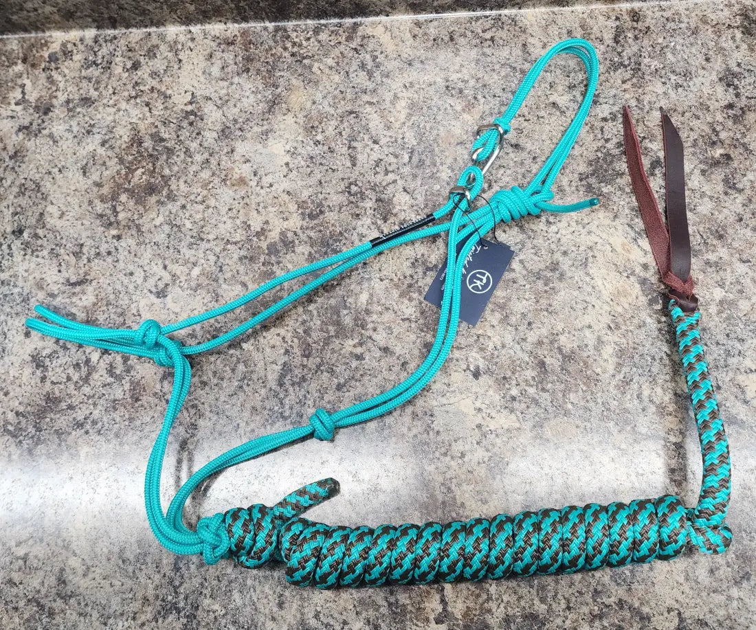 Twisted Knot Halters Rope Halter w/ Easy Off Clip & Lead Turquoise with Turq/Brown CH Lead Halter
