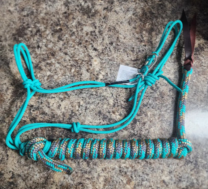 Twisted Knot Halters Rope Halter w/ Easy Off Clip & Lead Turquoise with Turq/Gold/Silver CH Lead Halter
