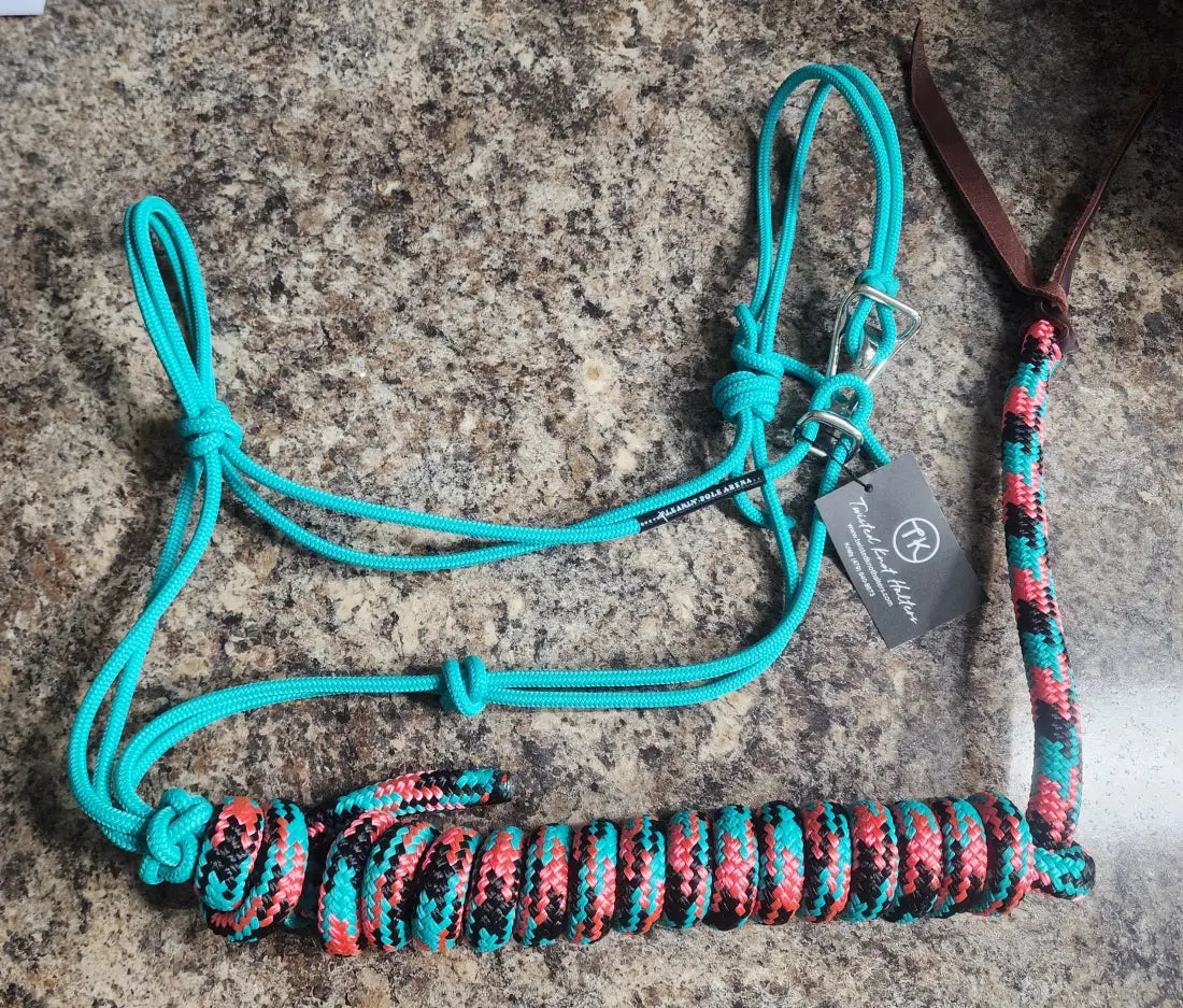 Twisted Knot Halters Rope Halter w/ Easy Off Clip & Lead Turquoise with Turq/Pink/Black CH Lead Halter