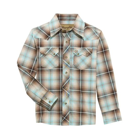 Wrangler Boy’s Retro Brown & Turquoise Plaid Western Shirt XXSmall Boy’s Western