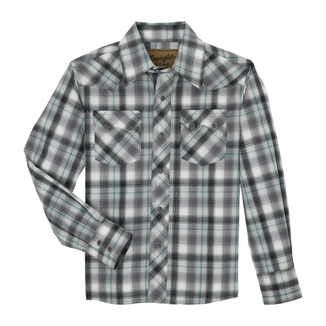 Wrangler Boy’s Retro Gray & Blue Plaid Western Shirt XXSmall Boy’s Western