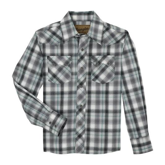 Wrangler Boy’s Retro Gray & Blue Plaid Western Shirt XXSmall Boy’s Western