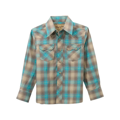 Wrangler Boy’s Tan & Turquoise Plaid Retro Western Shirt Boy’s Western