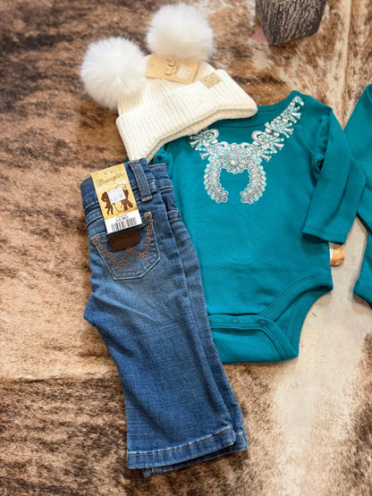 Wrangler Girl’s Infant Teal Turquoise Necklace Long Sleeve Bodysuit Girl’s Infant