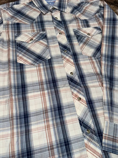 Wrangler Men’s Big & Tall Cream & Navy Plaid 20X Competition Western Shirt Men’s Extended Sizes