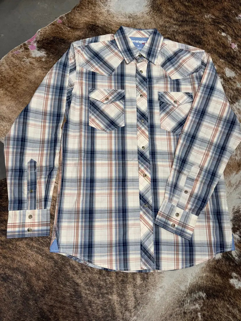 Wrangler Men’s Big & Tall Cream & Navy Plaid 20X Competition Western Shirt Medium Tall Men’s Extended Sizes
