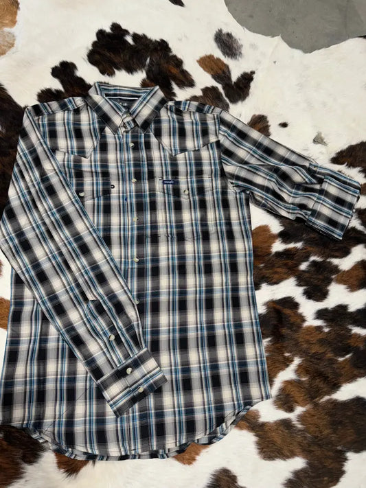 Wrangler Men’s Big & Tall Performance Black Tan & Blue Plaid Western Shirt Men’s Extended Sizes