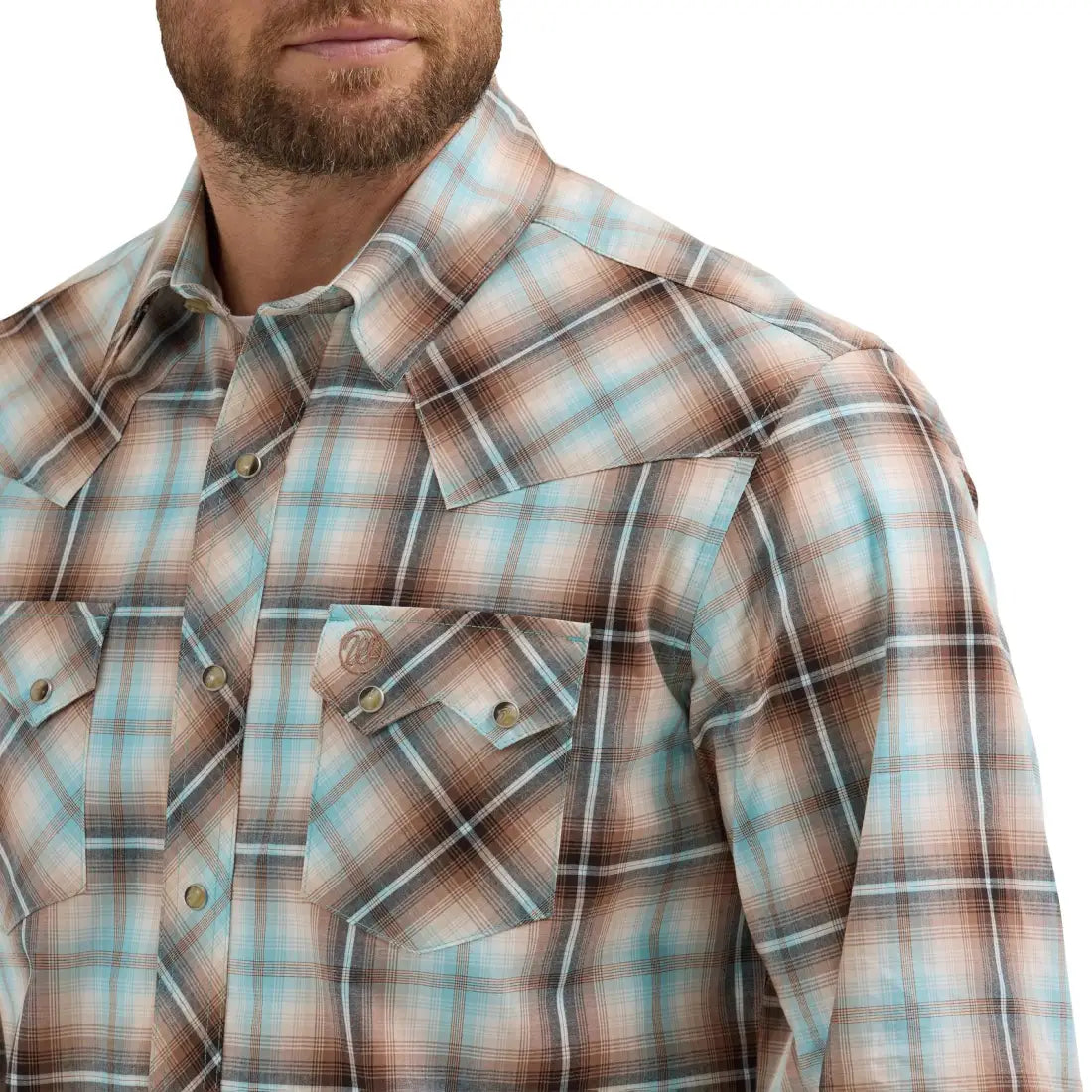 Wrangler Men’s Big & Tall Retro Brown & Turquoise Plaid Western Shirt Men’s Extended Sizes