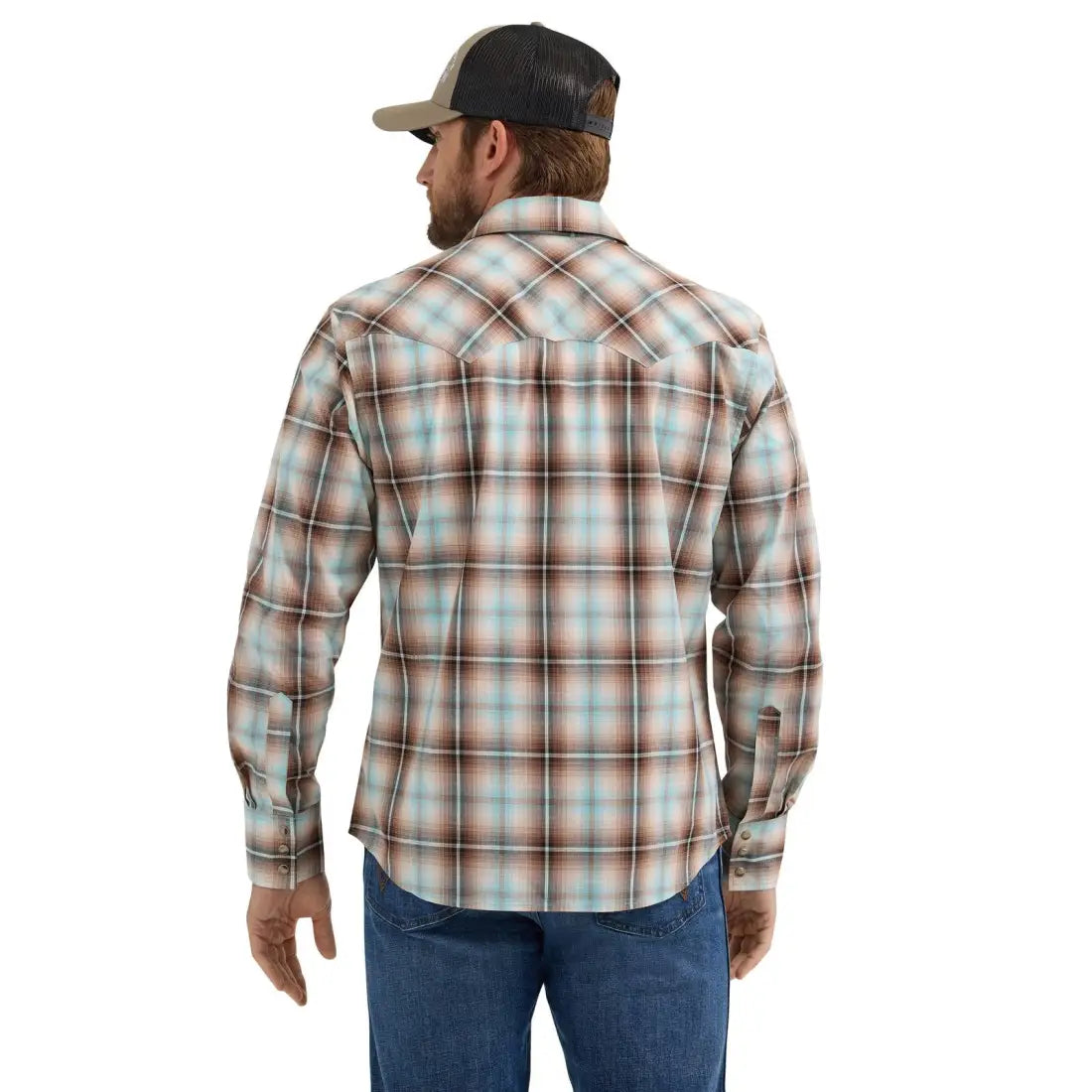 Wrangler Men’s Big & Tall Retro Brown & Turquoise Plaid Western Shirt Men’s Extended Sizes