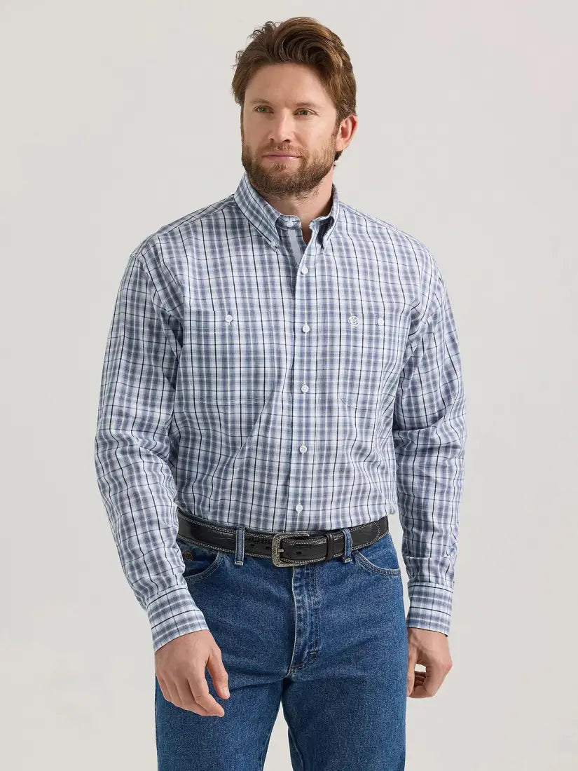 Wrangler Men’s George Strait Dark Blue Plaid Western Shirt Men’s Western