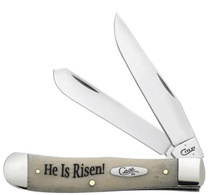 Case Religious Sayings Embellished Smooth Natural Bone Trapper He is Risen! Knife