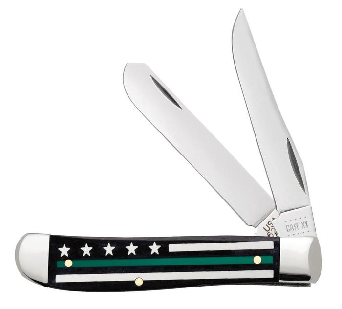 Case Stripes of Service™ Smooth Black Bone with Green Color Mini Trapper Knife