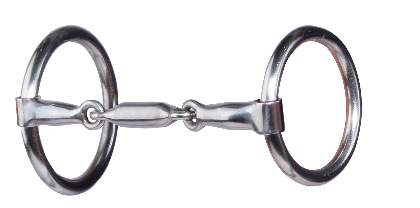 The mouthpiece is made of ½” sweet iron and has three equal breaks. This allows for tongue relief, while intensifying the pressure on the outside of the bars.