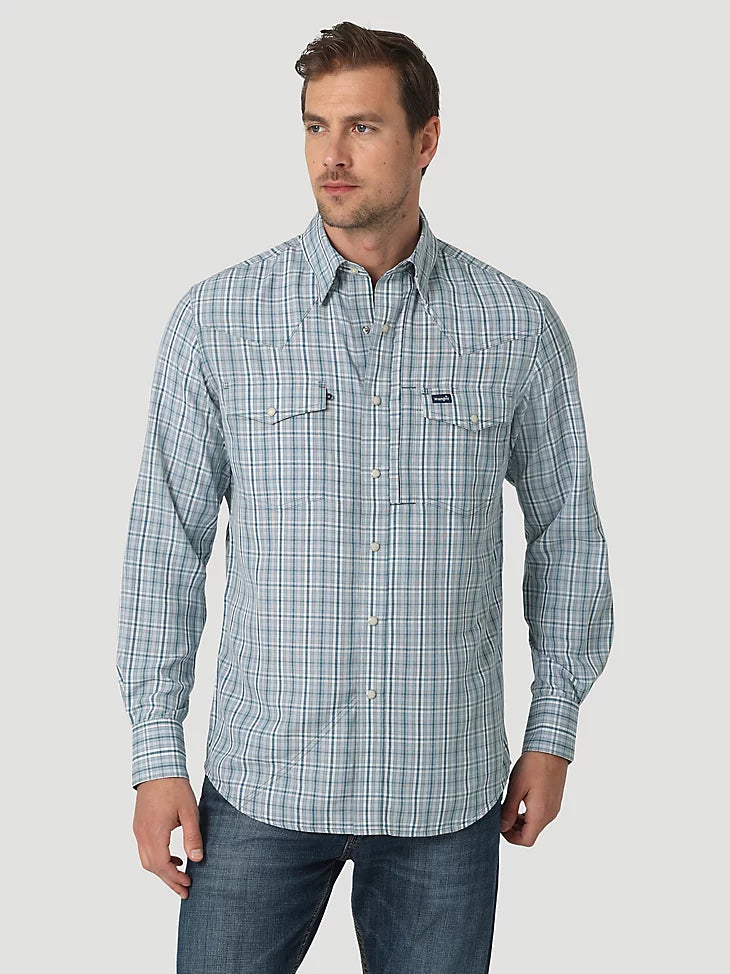 Wrangler Men's Performance Teal Plaid Western Shirt