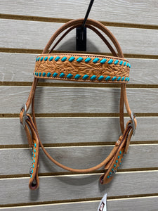 Performance Pony Browband Headstall - Natural with Turquoise Buckstitch