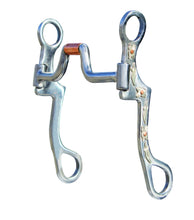 Load image into Gallery viewer, This mouthpiece features a hinged port with a copper center roller, allowing tongue relief and independent rein action. This bit provides lateral control of the poll and a copper roller to keep the horses mouth moist.
