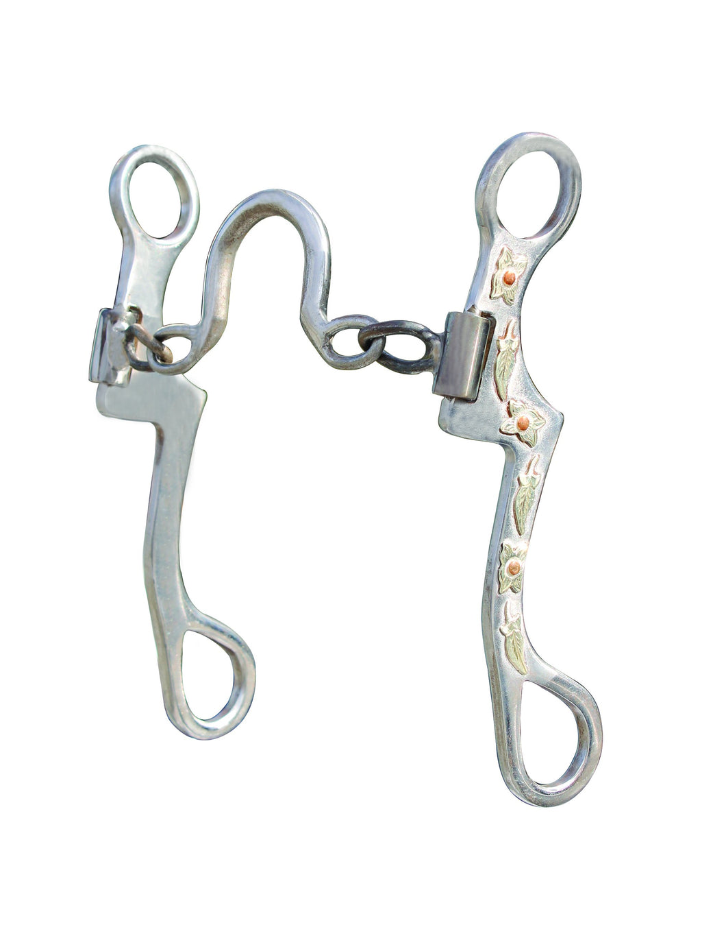 This mouthpiece will provide the horse with some tongue relief and the chain is light on the bars. It effectively lifts the head and shoulders while the port encourages collection. The chain allows for independent rein action. Port: 2