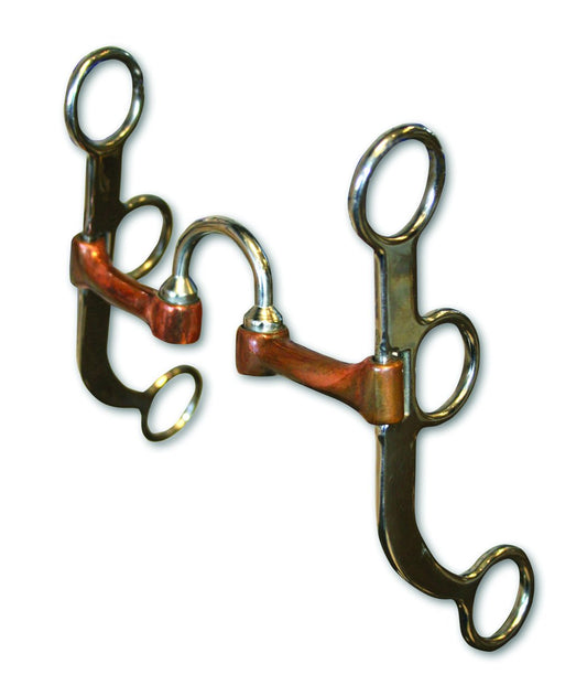 The three piece correction mouthpiece with copper bars and sweet iron adds mild palate pressure to encourage the horse to break at the poll; allowing correction without creating intimidation. This bit has a pinch-free mouth piece design on a classic style shank. Port: 1 1/2", Mouth: 5", Cheek: 6 1/2"