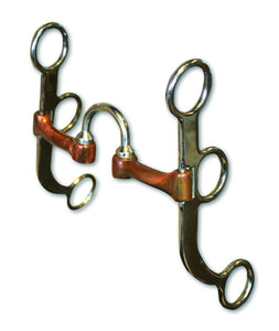 The three piece correction mouthpiece with copper bars and sweet iron adds mild palate pressure to encourage the horse to break at the poll; allowing correction without creating intimidation. This bit has a pinch-free mouth piece design on a classic style shank. Port: 1 1/2", Mouth: 5", Cheek: 6 1/2"