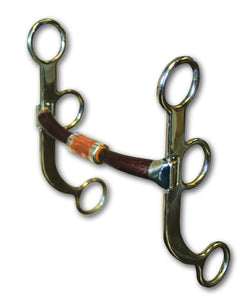 This mouthpiece is a straight bar hinged on a copper center roller, encouraging lateral collection and lift. The limited movement in the mouthpiece prevents excess pressure on the outside bars and lips, while the roller applies light pressure to the tongue for a soft feel. This bit requires light contact. The sweet iron mouthpiece keeps the horse's mouth moist. Mouth: 5", Cheek: 6 1/2"
