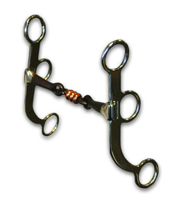 Smooth snaffle bars and copper dogbone center. Creates great lateral flexion. Requires light rein contact. Mouth: 5 1/8", Cheek: 6 1/2"