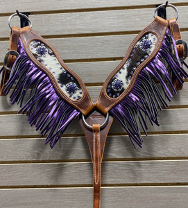Performance Pony Breastcollar - Cowhide Inlay with Purple Swarovski Crystals & Fringe