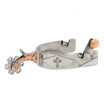 CST Brushed Steel with Copper Mounting & Cut Out Cross Men's Spurs