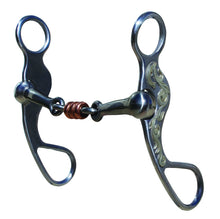 Load image into Gallery viewer, The smooth snaffle bars and copper dog-bone center give a soft yet effective feel. The mouthpiece applies mild pressure to the tongue and bars while the copper roller aids in keeping the horses mouth moist.

