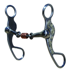 The smooth snaffle bars and copper dog-bone center give a soft yet effective feel. The mouthpiece applies mild pressure to the tongue and bars while the copper roller aids in keeping the horses mouth moist.