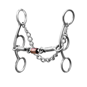 The three piece smooth dog-bone with a copper roller mouthpiece is comfortable as it lies across the tongue. The smooth bars offer a softer feel. Copper roller provides entertainment for a busy horse and promotes salivation.
