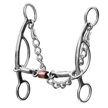 Load image into Gallery viewer, The three piece smooth dog-bone with a copper roller mouthpiece is comfortable as it lies across the tongue. The smooth bars offer a softer feel. Copper roller provides entertainment for a busy horse and promotes salivation.
