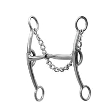 Load image into Gallery viewer, The traditional snaffle has a slightly curved mouthpiece so it is easy for a horse to carry and is more comfortable. This mouthpiece will apply even pressure to the corners of a horse&#39;s mouth.
