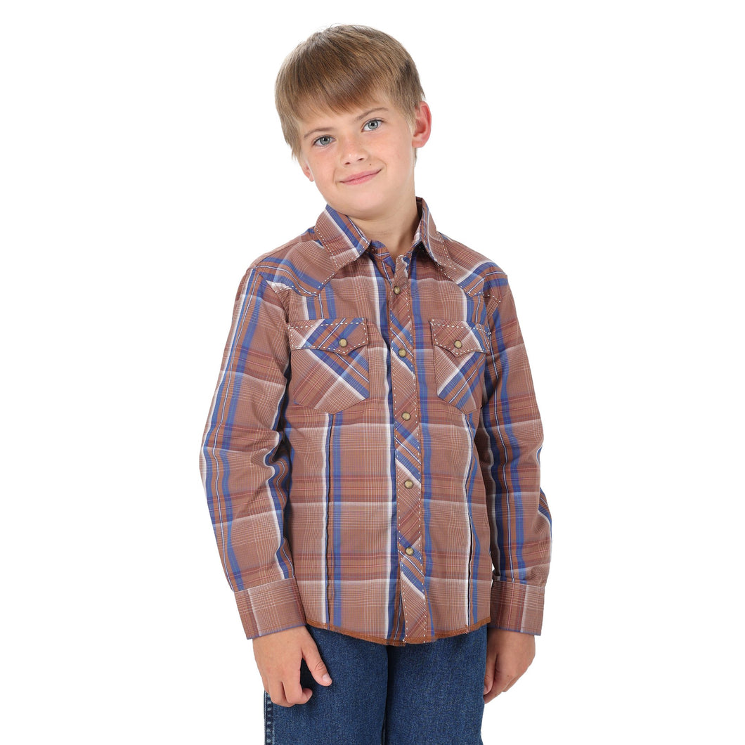 Wrangler Boy's Brown With Blue Plaid Western Shirt