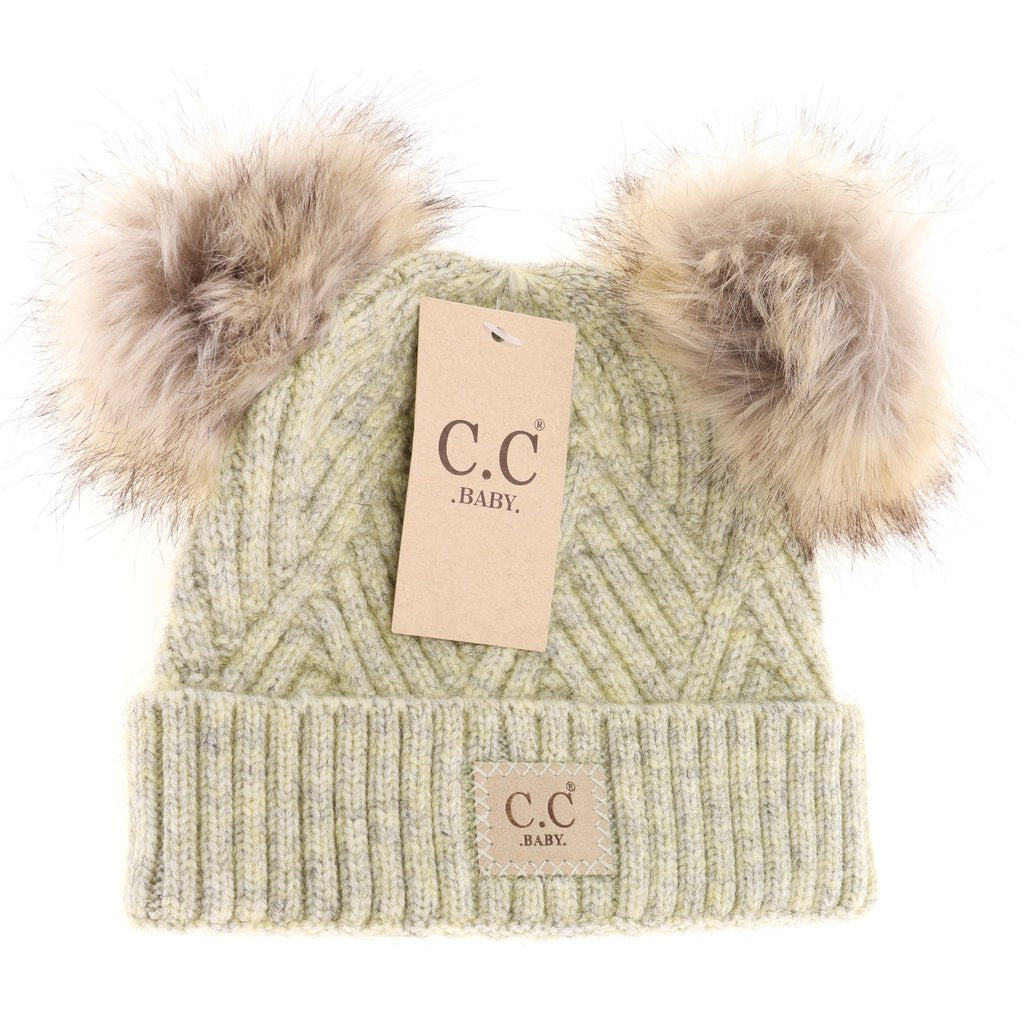 C.C Beanie BABY Large Patch Double Faux Fur Pom Beanie