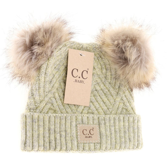 C.C Beanie BABY Suede Patch Double Pom Beanie