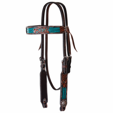 Load image into Gallery viewer, Circle Y &quot;Distressed Filigree Turquoise Inlay&quot; Tack Set - Pony Size
