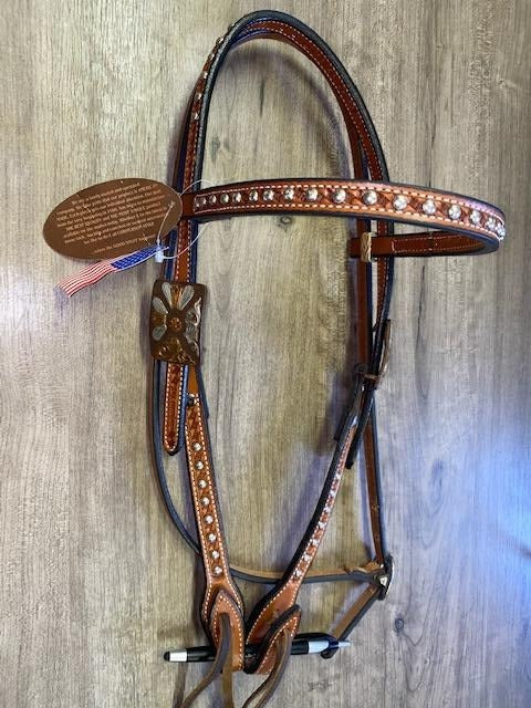 Cowperson Tack Browband Headstall - Chestnut with Dots & Petal Buckle