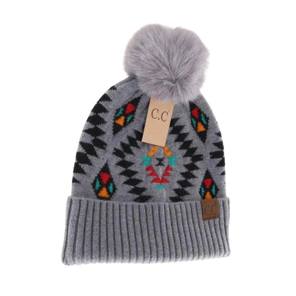 C.C Beanie Aztec Patterned Faux Fur Pom Beanie