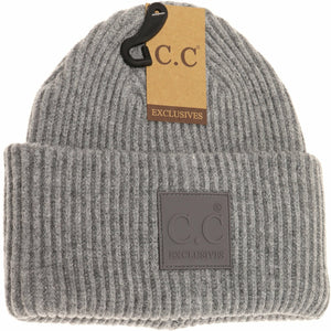 C.C Beanie Solid Ribbed with Rubber Patch No Pom Beanie